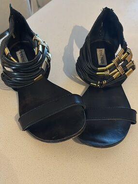 Steve Madden Black Leather Strappy Sandals with Gold Accents